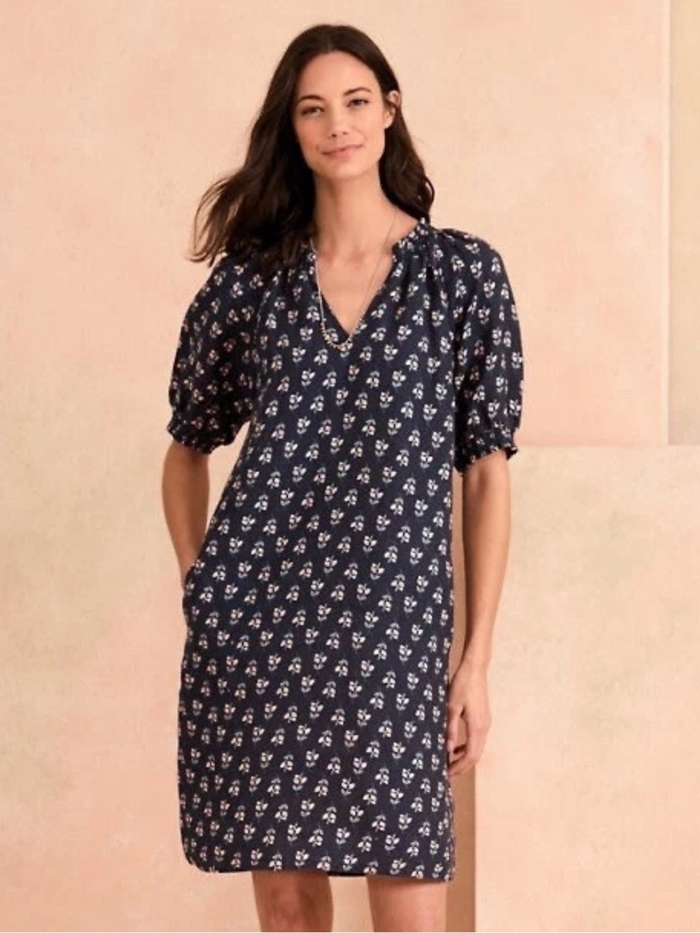 NWT Garnet Hill Women's 100% Linen Floral Shift Dress Size 18 Navy Puff Sleeve